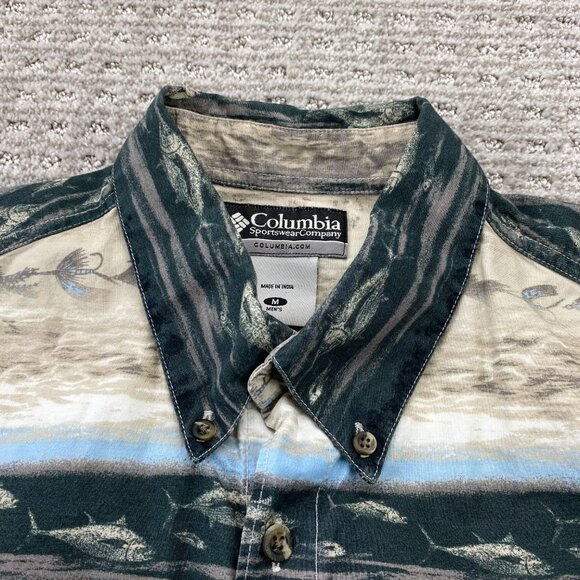 Columbia Sportswear Button Up Shirt Men Medium M Brown Hawaiian Palm Trees Beach - Picture 3 of 8